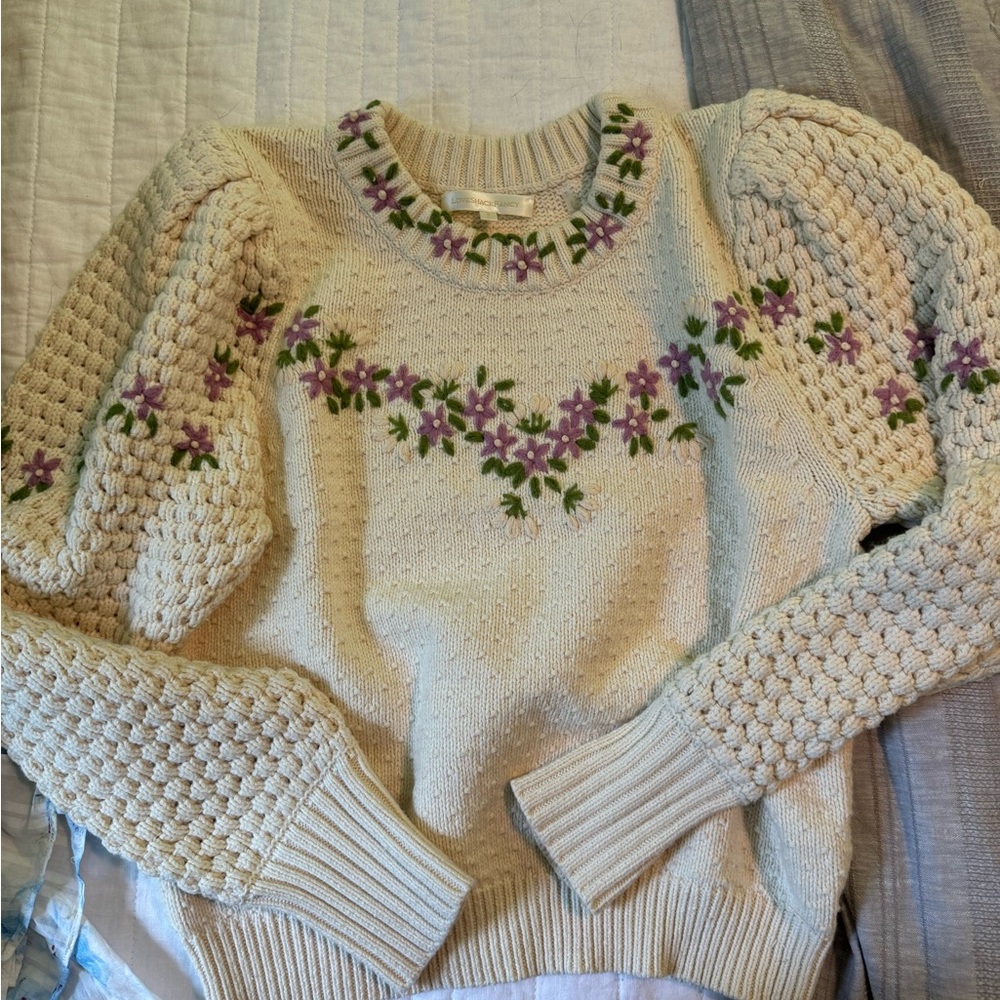 LoveShackFancy Cream and Purple Crew Neck Sweater with Floral Embroidery